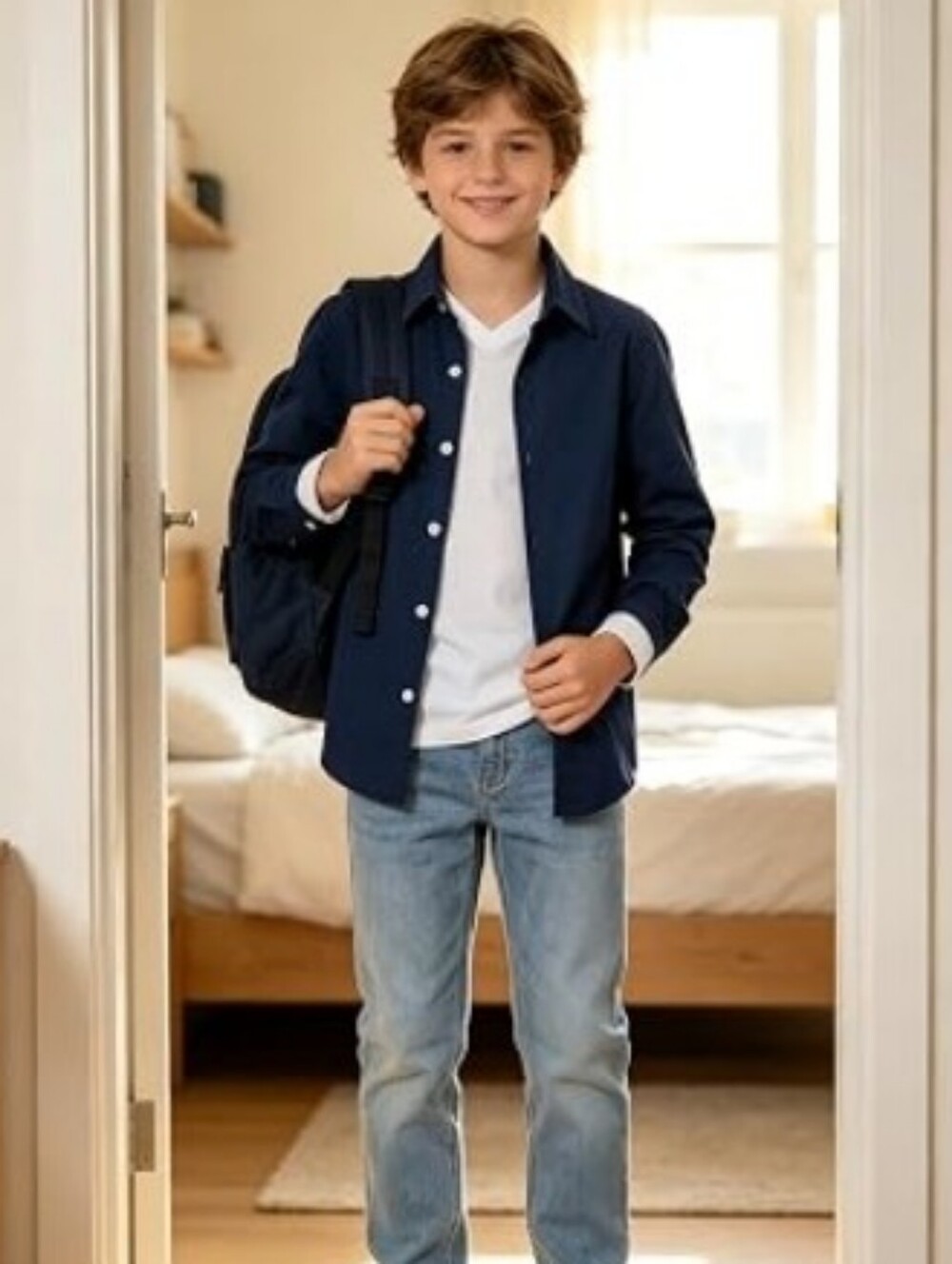 Boys Long Sleeve Dress Shirts Button Down Wrinkle-Resistant Navy Blue